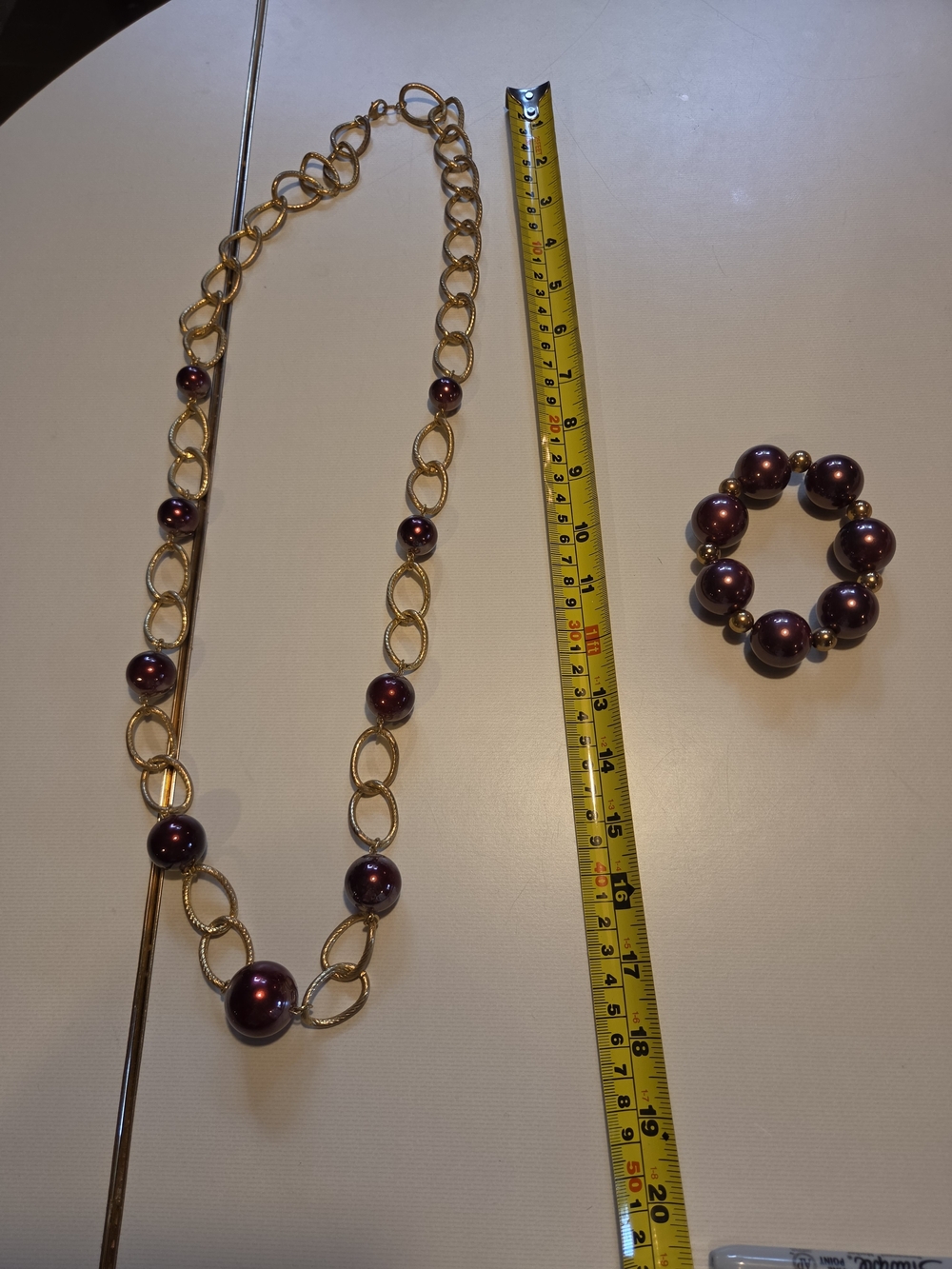 Gold Chain Necklace and Bracelet Set with Deep Plum Beads LOT 11